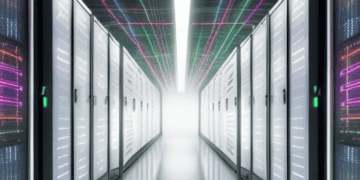 An image of a server room with colorful lights depicting the future electricity demand for datacenters based on IEA's forecast for 2026.