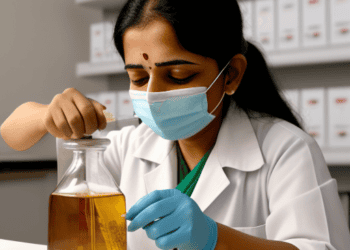A woman in a lab with a mandatory mask and gloves.