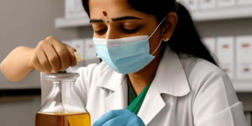 A woman in a lab with a mandatory mask and gloves.