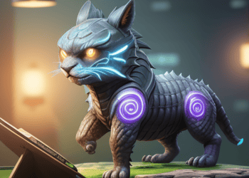 Description: A robot cat is sitting on a desk next to a laptop, unaffected by Logan Paul or CryptoZoo Refunds.