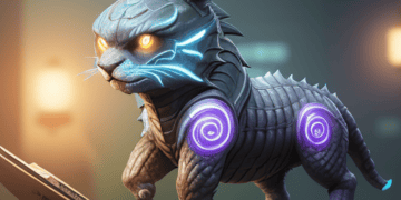 Description: A robot cat is sitting on a desk next to a laptop, unaffected by Logan Paul or CryptoZoo Refunds.