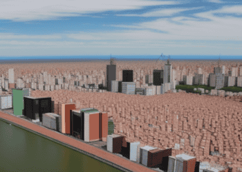 A 3d model of a city in Argentina with a river in the background, highlighting its potential entry into the BRICS alliance.