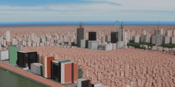 A 3d model of a city in Argentina with a river in the background, highlighting its potential entry into the BRICS alliance.