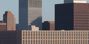 The bustling skyline of a city reflects the thriving U.S. economy, with an impressive number of jobs and a low unemployment rate.