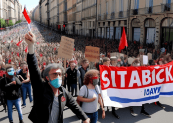 A group of people holding a sign during a protest on Labour Day.