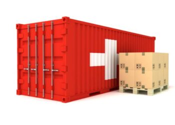 A red shipping container with a Swiss cross on it, representing industrial product imports from Switzerland.
