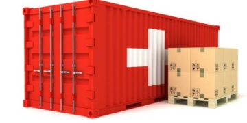 A red shipping container with a Swiss cross on it, representing industrial product imports from Switzerland.