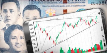 The Philippine currency is shown on a tablet with a graph depicting finance.