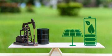 An oil pump and a solar panel on a balance scale showcasing the impact of Carbon Emission Tariffs on imports as supported by the UK Government.