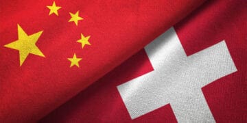 Two flags of China and Switzerland symbolizing visa-free travel.