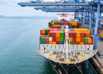 A container ship docked in China.