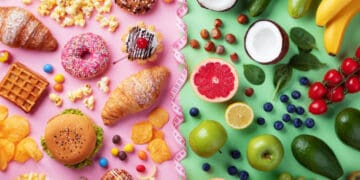 A variety of international foods are arranged on a pink background, promoting health and highlighting the importance of global dietary risks and international food trade.