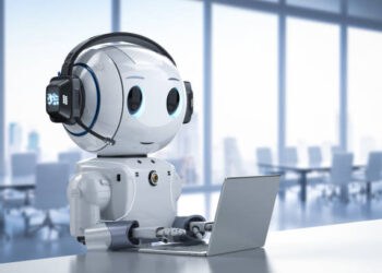 A robot wearing headphones is sitting at a desk with a laptop, analyzing AI Chatbots and Copyrighted News Content.