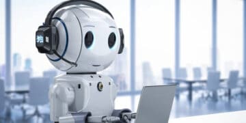 A robot wearing headphones is sitting at a desk with a laptop, analyzing AI Chatbots and Copyrighted News Content.