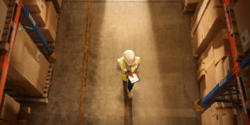 A worker in a warehouse utilizing Locus Robotics.