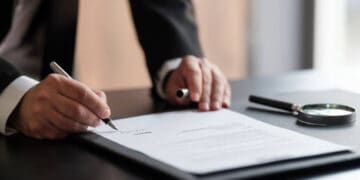 A businessman from Switzerland signing a document with a magnifying glass.