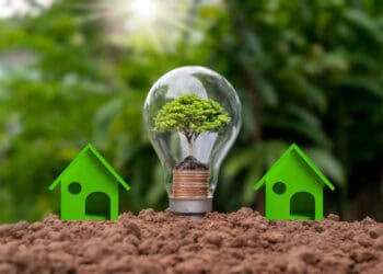 A light bulb with a tree and houses in the ground, highlighting the importance of Critical Raw Materials in Trade Agreements within the European Union.