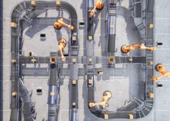 An aerial view of a factory with DHL Supply Chain robots working.