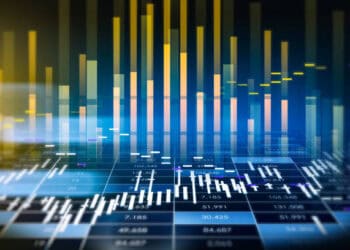 An abstract image of a stock market chart depicting moderated growth and shifts in world trade.