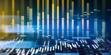 An abstract image of a stock market chart depicting moderated growth and shifts in world trade.