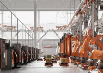 An orange line of machines in a factory, enhanced with Robotic Collaboration technologies from Brain Corp and Dane Technologies.