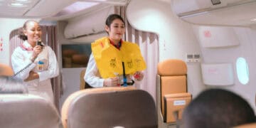 Two female flight attendants standing in an airplane equipped with SkyUp uniforms.