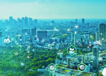 An image showcasing a bustling city adorned with numerous icons representing international trade and monthly highlights.