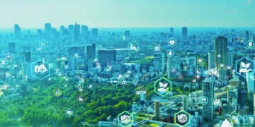 An image showcasing a bustling city adorned with numerous icons representing international trade and monthly highlights.