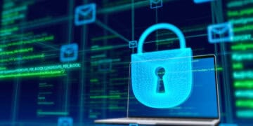 A laptop secured with a padlock, ensuring data protection in compliance with EU Court criteria and deterring fines for potential violations.