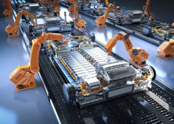 Volkswagen and their robot partners work on a production line, efficiently assembling vehicles equipped with solid-state batteries.