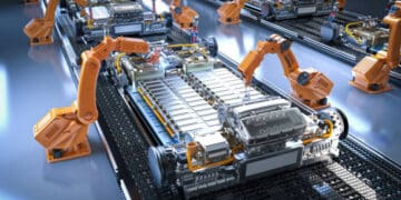 Volkswagen and their robot partners work on a production line, efficiently assembling vehicles equipped with solid-state batteries.