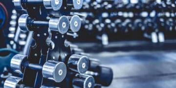 A row of dumbbells, representing growth and strength, in a gym.
