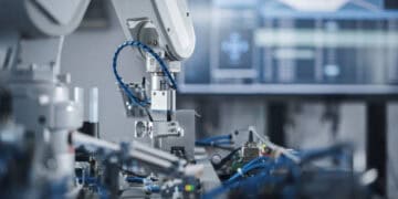 A robot is boosting productivity on a machine in a factory.