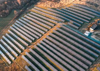 An aerial view of a solar farm by Auxin Solar.