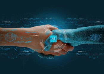 Two people shaking hands in front of a digital background with an AI Bot.