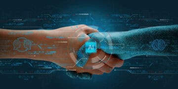 Two people shaking hands in front of a digital background with an AI Bot.