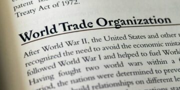 An open book with the word world trade organization prominently displayed on its pages.