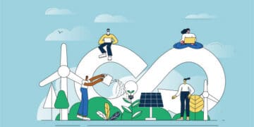 A group of people are sitting on a green field with wind turbines, demonstrating their commitment to the EU Environmental Agenda.