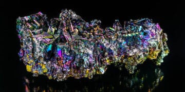 A colorful piece of rock on a black background sourced globally.