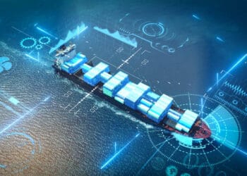 An image of a container ship floating in the ocean, highlighting the sustainability initiatives in the supply chain.