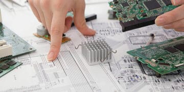 A group of people working on a circuit board amidst trade tariffs affecting Chinese semiconductors.