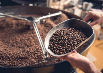 A person is pouring ethically sourced coffee beans from Starbucks into a machine.
