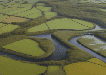 An aerial view of a river and green fields highlighting the government's environmental policies.