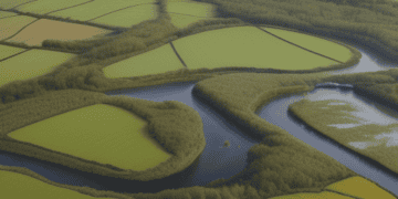 An aerial view of a river and green fields highlighting the government's environmental policies.