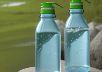 Two clean drinking water bottles on a rock next to a river.