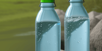 Two clean drinking water bottles on a rock next to a river.