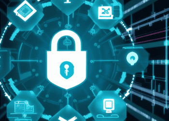 Cybersecurity infographic: padlock icon central, surrounded by network security icons representing ICT/OT risk management solutions for supply chain security. - Supply Chain News