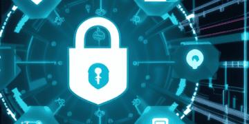 Cybersecurity infographic: padlock icon central, surrounded by network security icons representing ICT/OT risk management solutions for supply chain security. - Supply Chain News