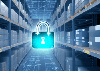 Cybersecurity padlock icon in a warehouse, illustrating supply chain data security challenges. - Supply Chain News