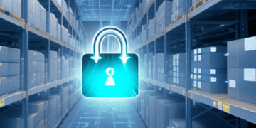 Cybersecurity padlock icon in a warehouse, illustrating supply chain data security challenges. - Supply Chain News